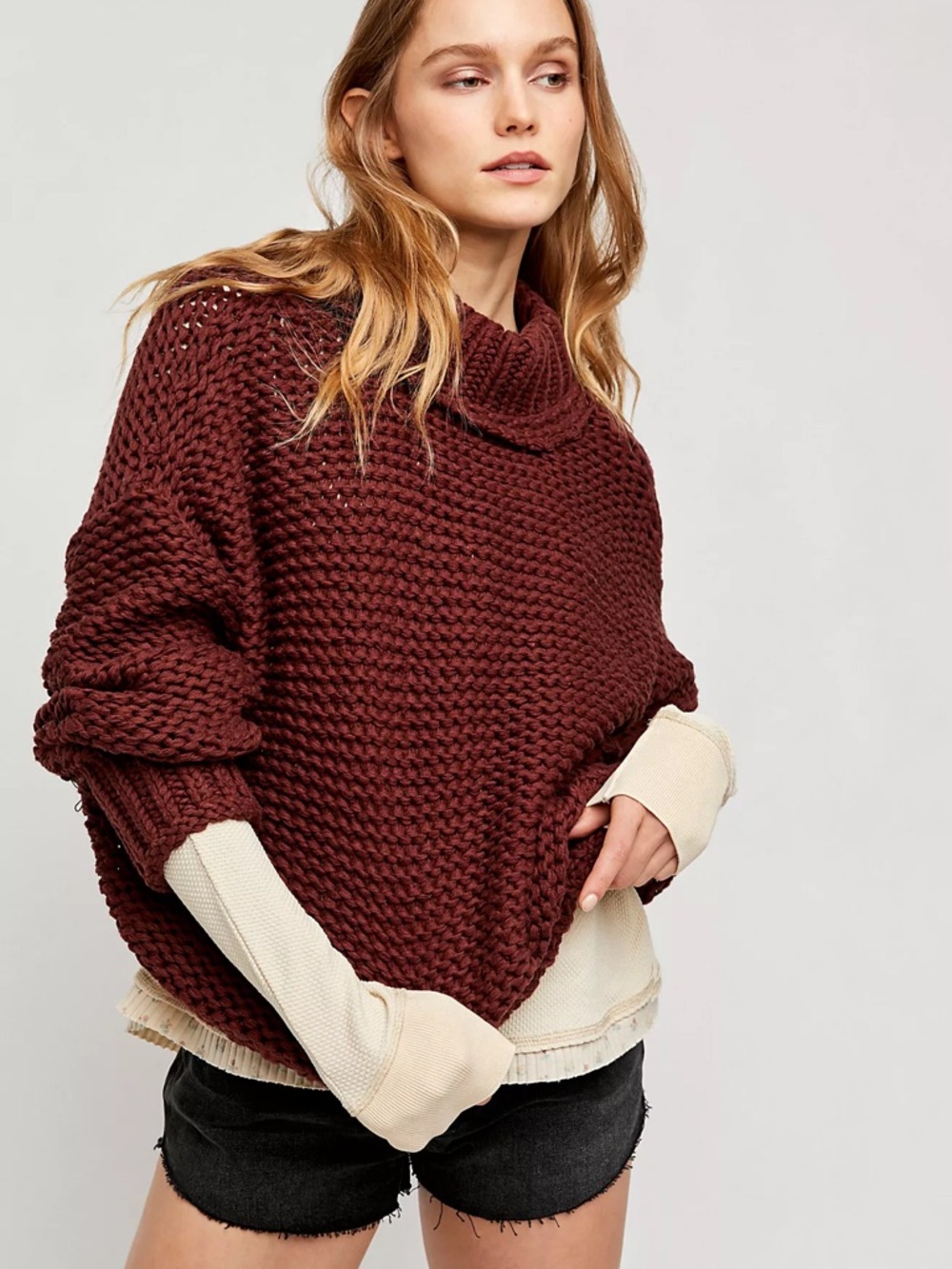 Free People Chunky Knit Sweater in Burgundy, Size Small